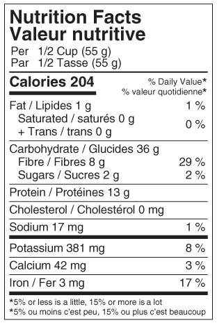 Instant Lentils Nutritional Label