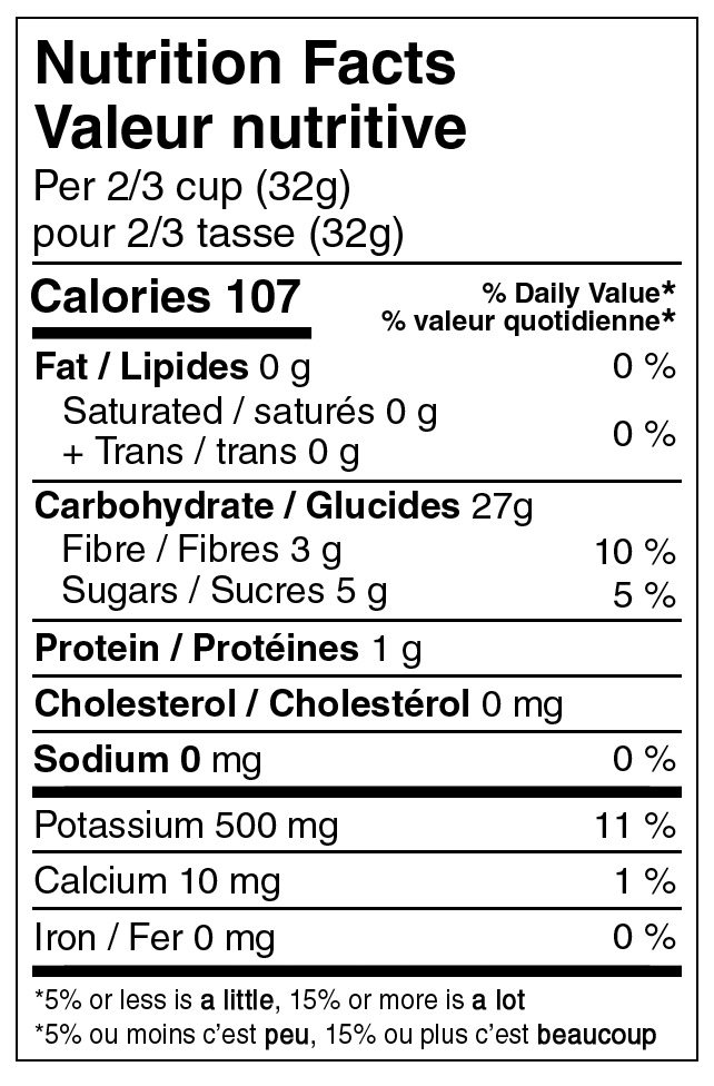 Nutristore Freeze Dried Bananas Nutritional label