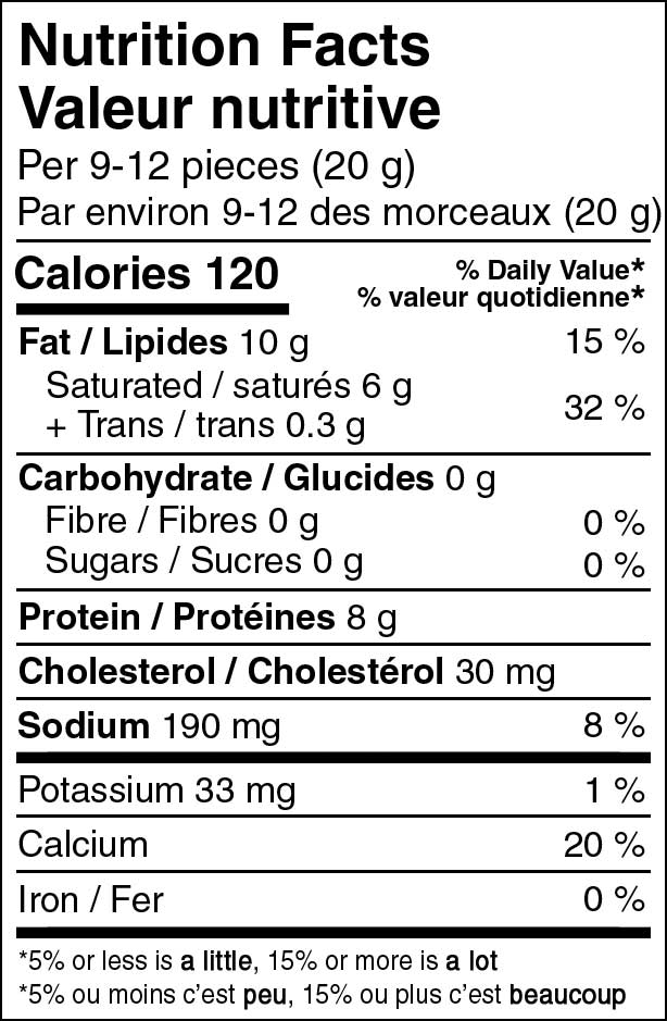 Enercheez Cheddar  Nutrition Fact Table